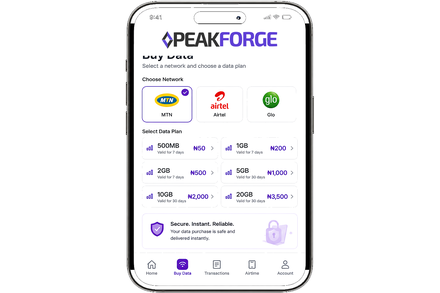 Peak Forge app data and airtime purchase screen with network and plan selection