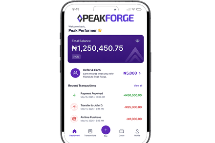 Peak Forge app business dashboard interface showing account overview and recent activity
