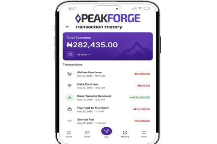 Peak Forge app transaction insights screen with spending summary and history