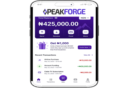 Peak Forge app digital wallet screen displaying balance and recent transactions